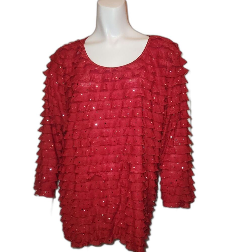 ELEMENZ Red Tiered Ruffle Blouse with Silver Metallic Sparkle Womens Size XL